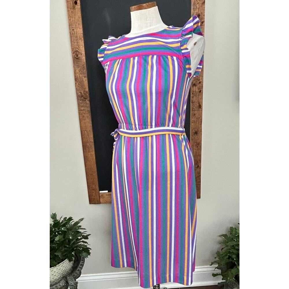 Vintage 70s iMi New York Multicolor Stripe Flutter Sleeve Midi Dress Sz S/M Belt - Picture 4 of 10